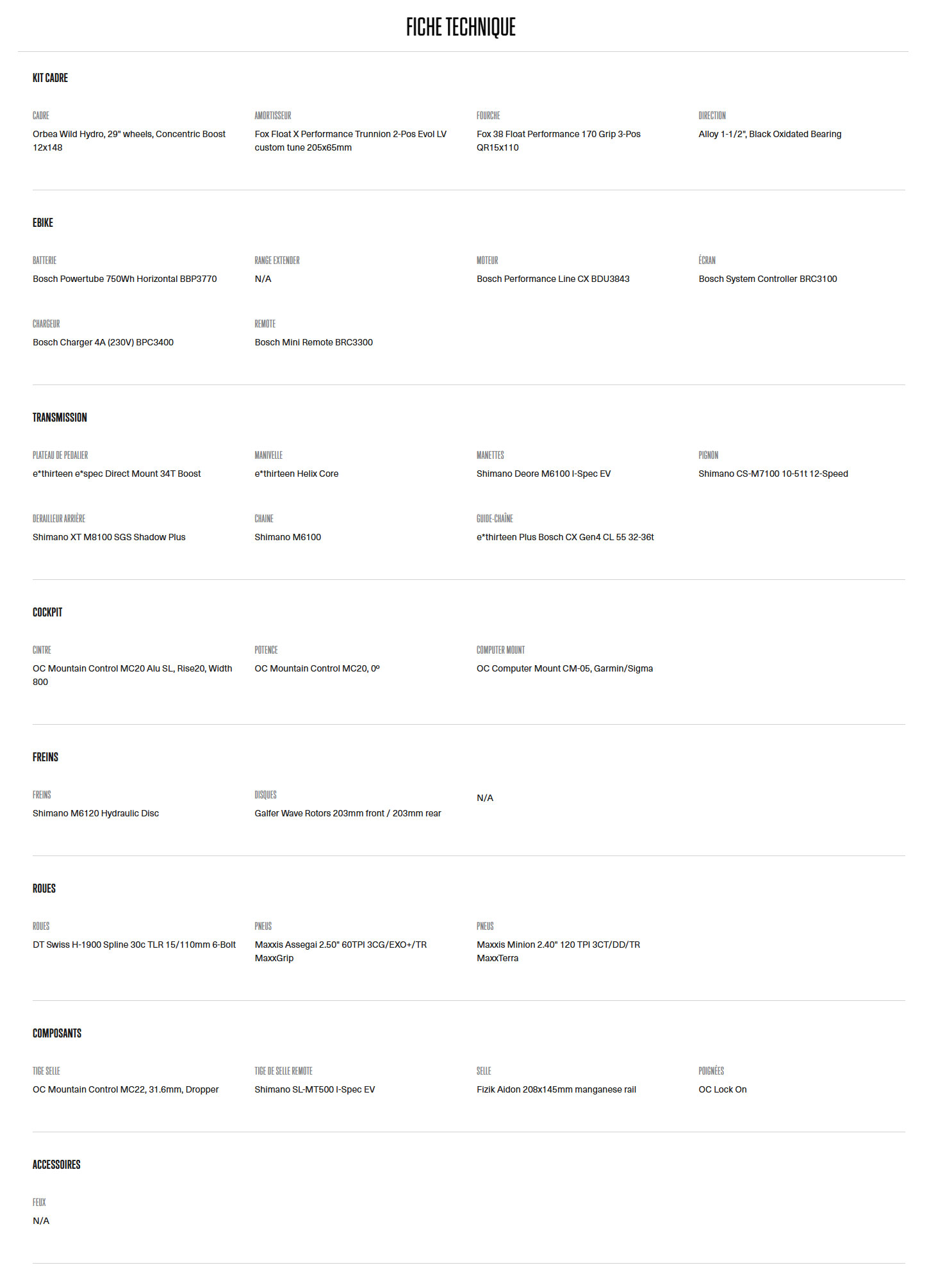 Caracteristique technique du Vélo électrique Wild H10 année 2025